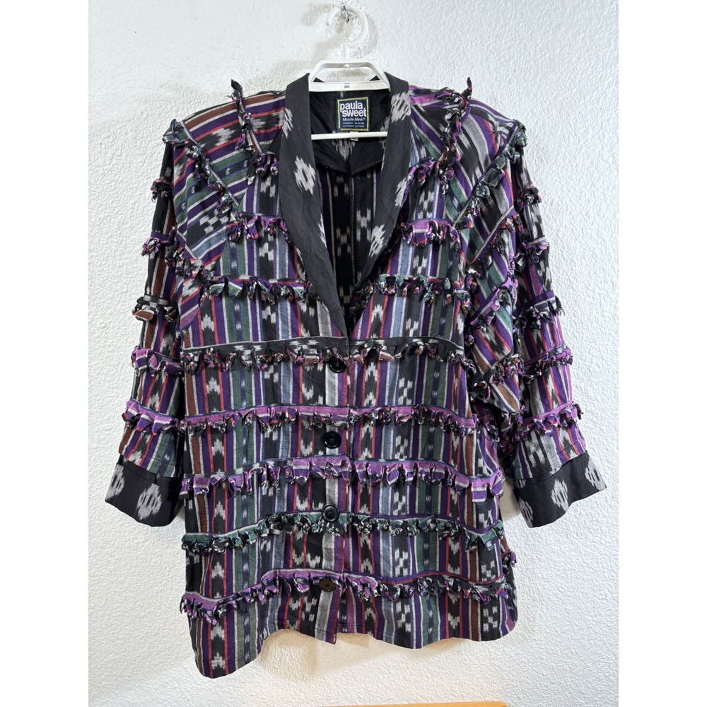 Paula Sweet Muslin Mink Jacket Women L Purple Multicolor Ikat Fringe